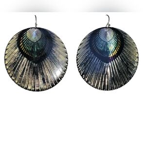 Iridescent Sea Shell Metal Dangle Earrings Silver, Blue, Gold Beach Coastal